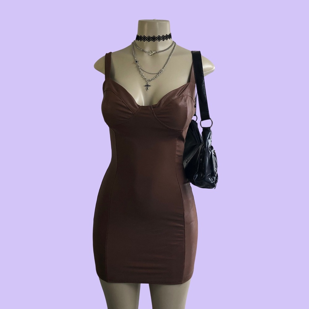 Naked Wardrobe Chocolate Brown Faux Leather Bustier Bodycon Mini Dress M Party